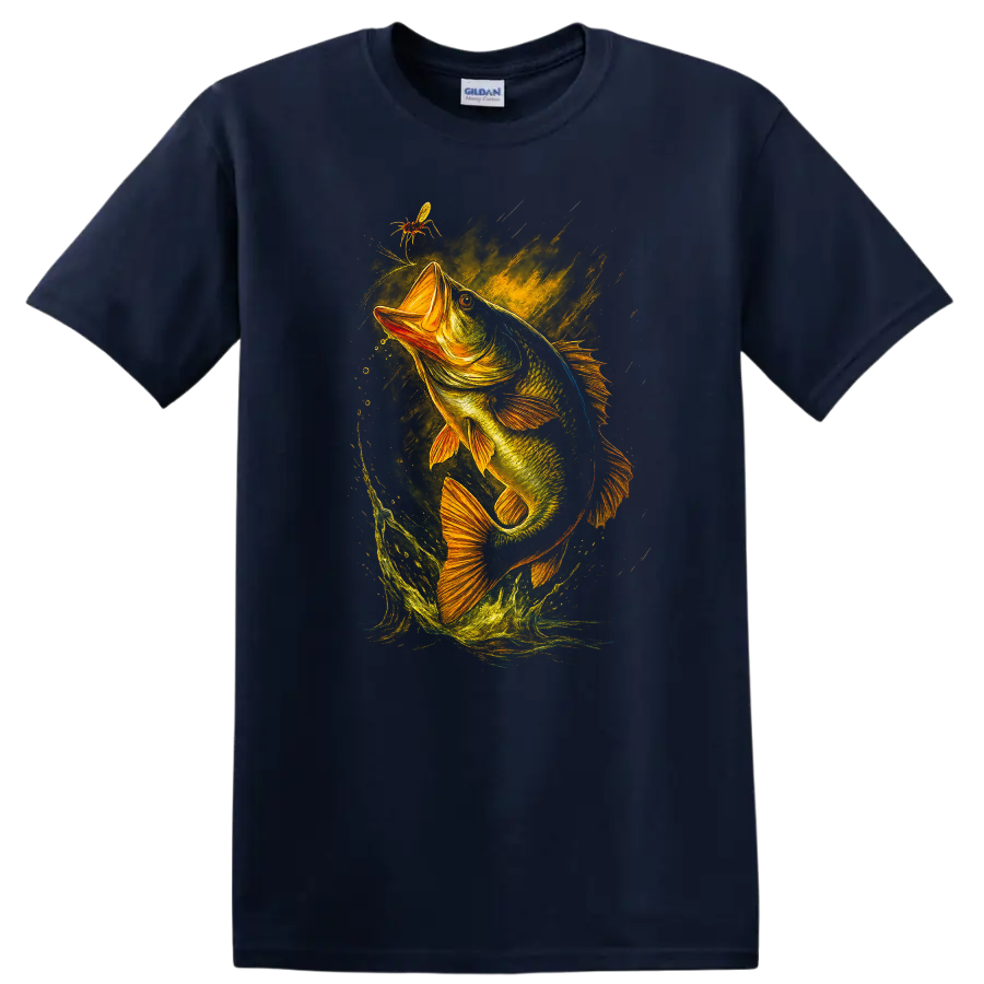 Largemouth Bass Jumping Fish Art T Shirt for Anglers and Fishermen - Navy (Blue)