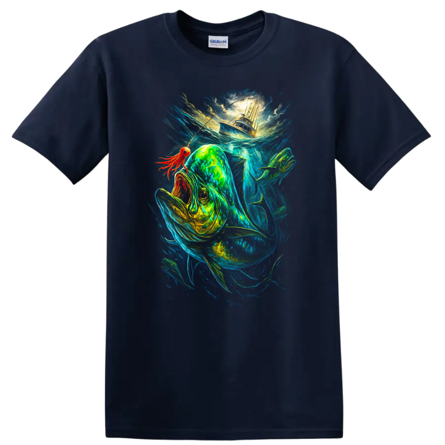 Glowing Fish and Boat Ocean Adventure T Shirt - Navy (Blue)
