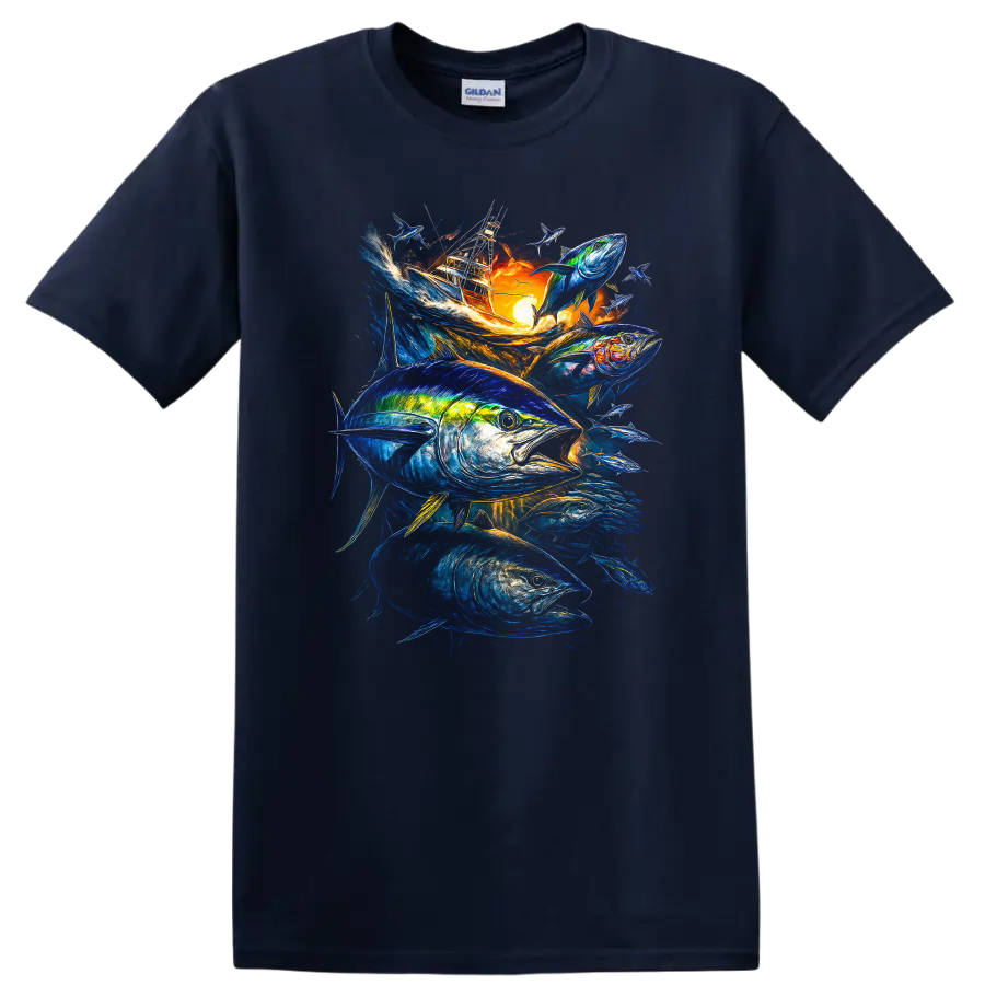 Vibrant Tuna Fishing Boat Fish Art T Shirt for Anglers and Ocean Lovers - Navy (Blue)