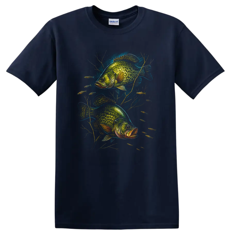 Bass Fish Art T Shirt, Vibrant Largemouth Fishing Graphic for Anglers - Navy (Blue)