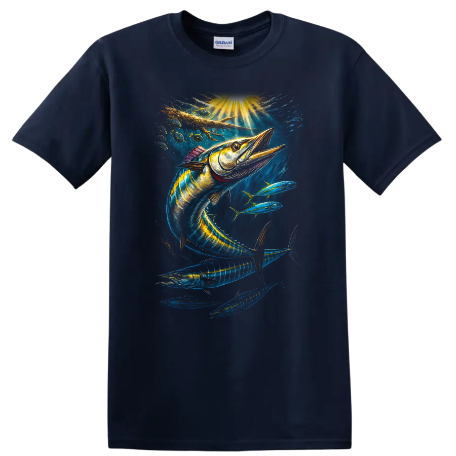 Colorful Barracuda Fish Art T Shirt Deep Sea Ocean Fishing Design - Navy (Blue)