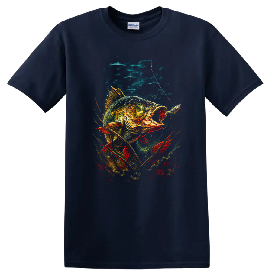 Colorful Bass Fish Angler Art T Shirt for Fishing Lovers - Navy (Blue)
