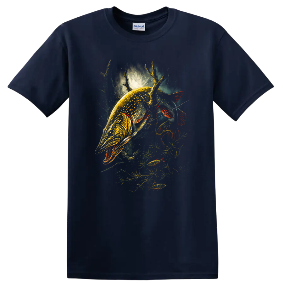 Glowing Pike Fish Hunting Art T Shirt for Anglers and Outdoorsmen - Navy (Blue)