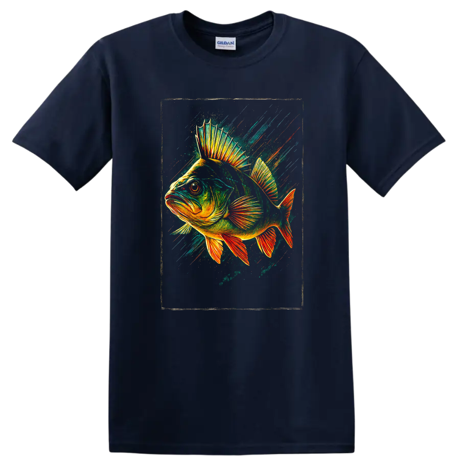 Vibrant Fish Splash Art T Shirt Colorful Neon Fish Design - Navy (Blue)
