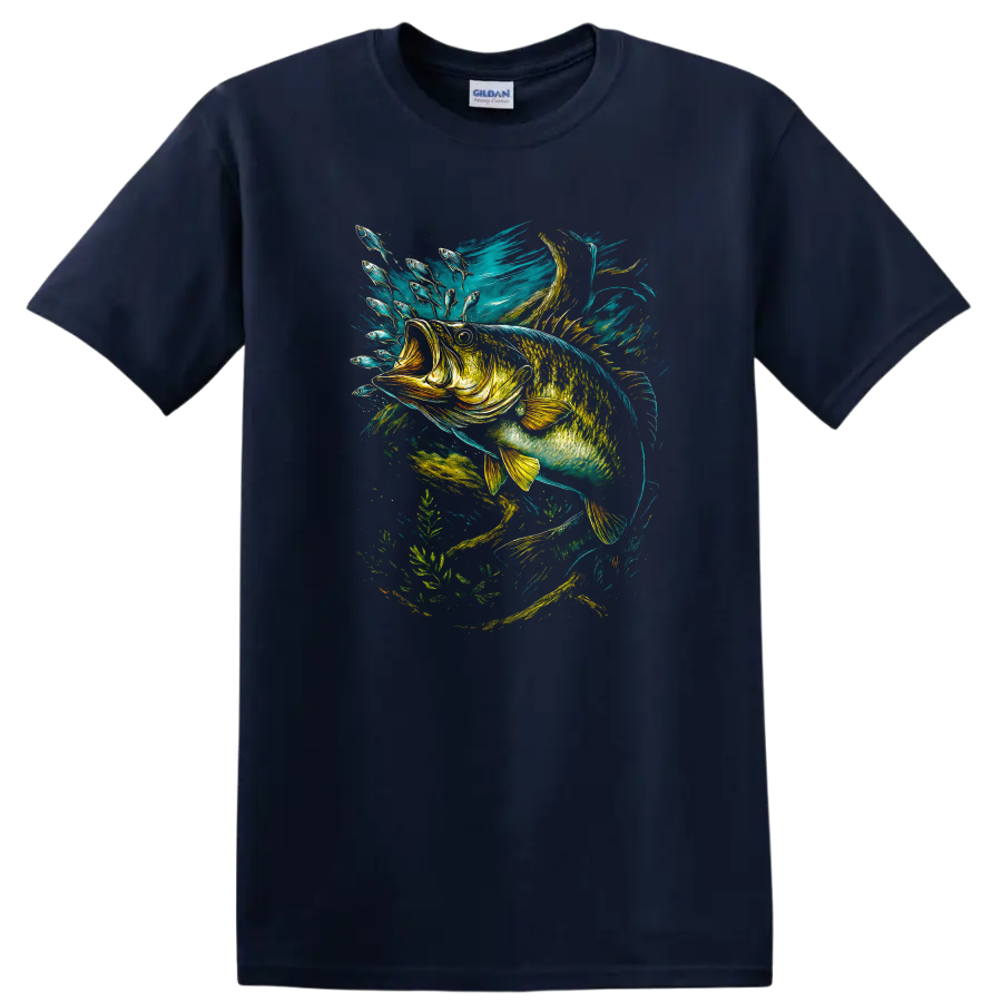 Colorful Fish Splash Art T Shirt, Vibrant Aquatic Bass Graphic - Navy (Blue)