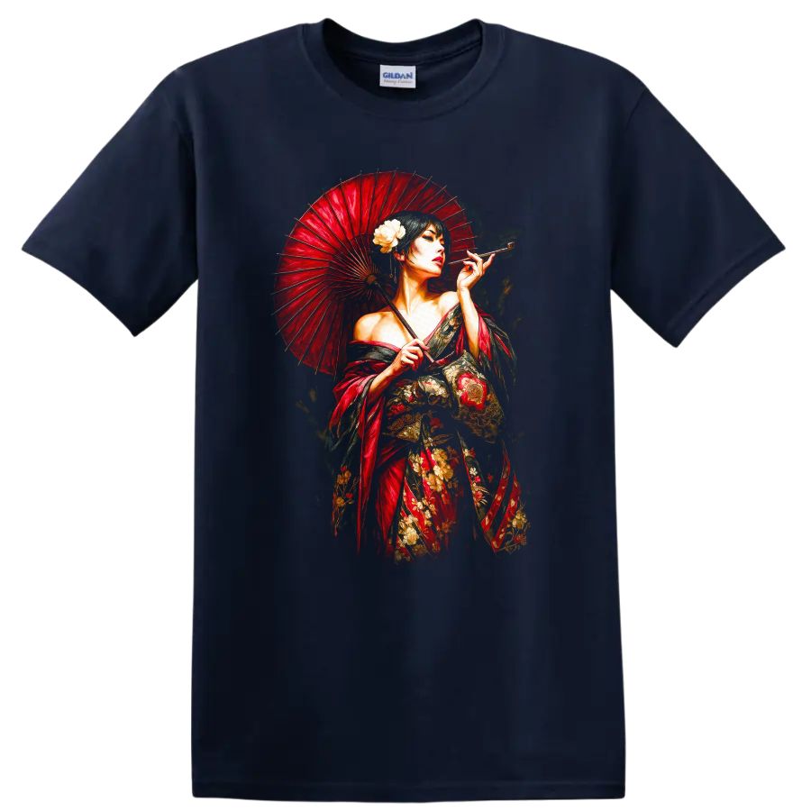 Japanese Geisha with Red Umbrella T Shirt Elegant Floral Art - Navy (Blue)