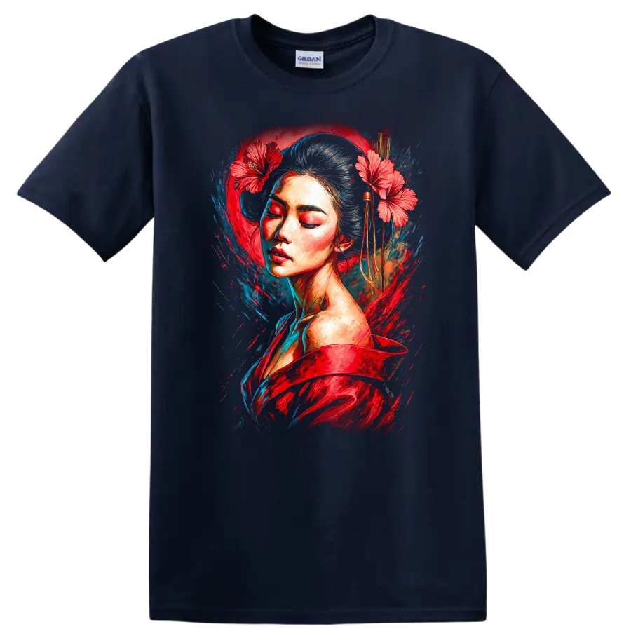 Japanese Style Painted Woman T Shirt with Red Flowers and Blue Brush Art - Navy (Blue)