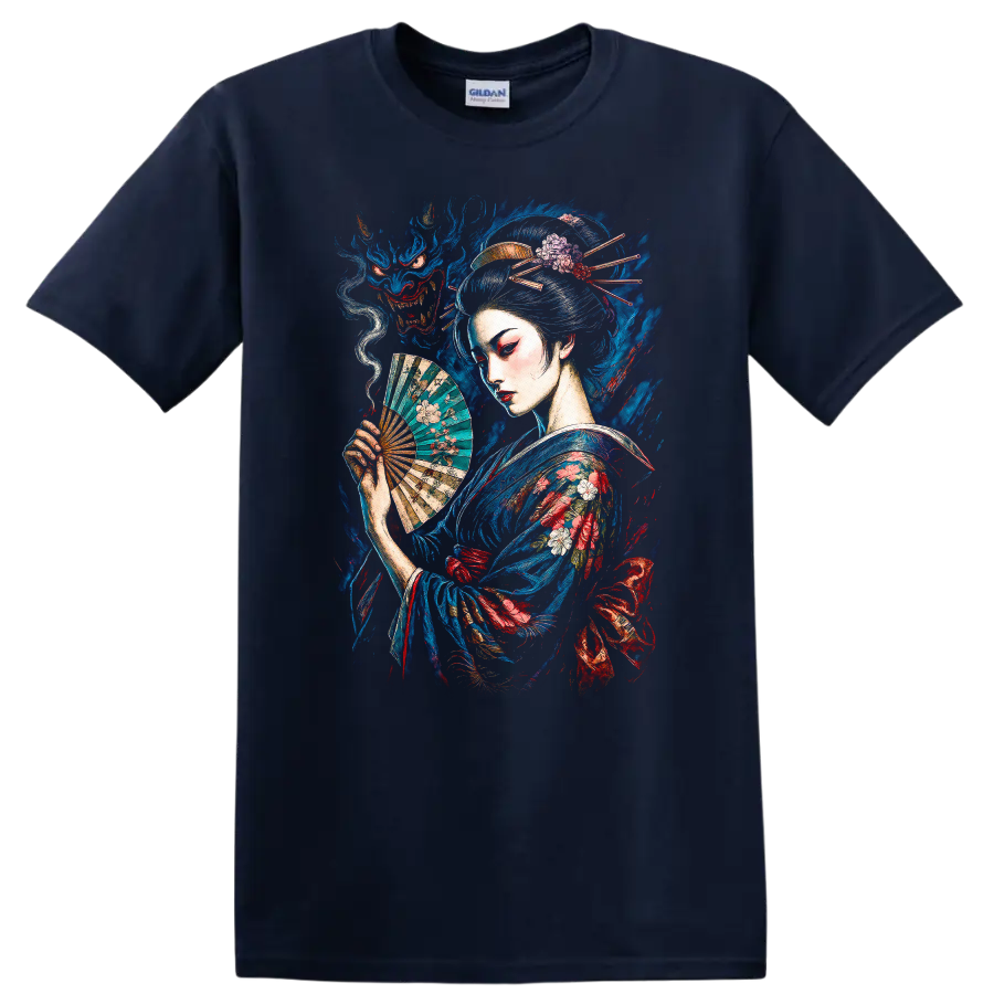 Japanese Geisha with Fan and Dragon Art T Shirt - Navy (Blue)