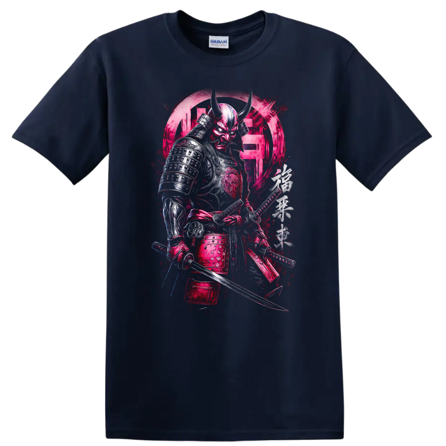 Japanese Style Samurai Oni Warrior T Shirt Bold Neon Pink Armor - Navy (Blue)