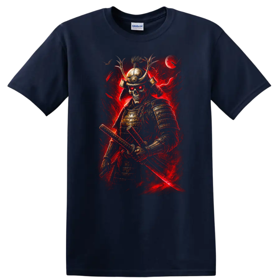 Japanese Samurai Skeleton Warrior T Shirt Red Armor Katana Art - Navy (Blue)