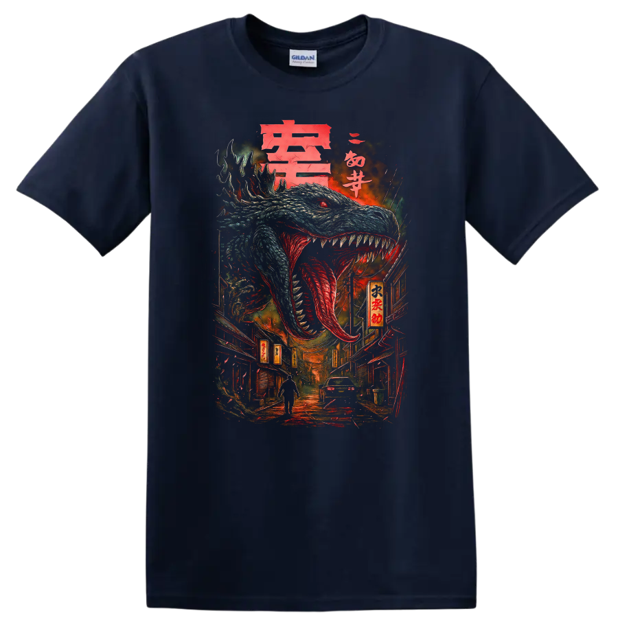 Japanese Style Dragon Monster T Shirt Fierce Anime Street Art Design - Navy (Blue)