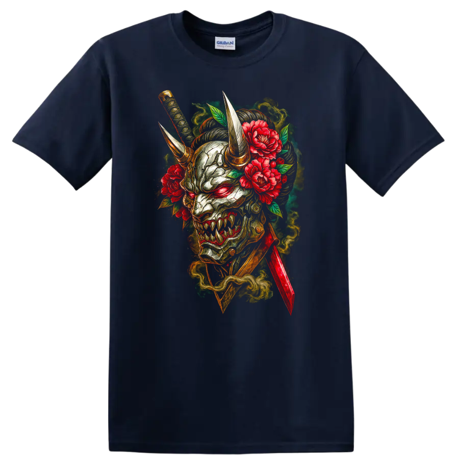 Japanese Oni Demon Mask with Horns and Peonies T Shirt - Navy (Blue)