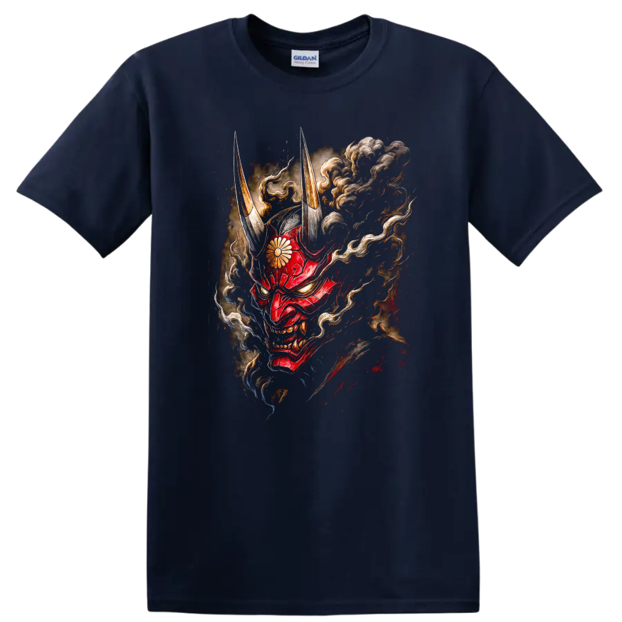 Japanese Oni Mask Red Demon T Shirt with Horns and Smoke - Navy (Blue)