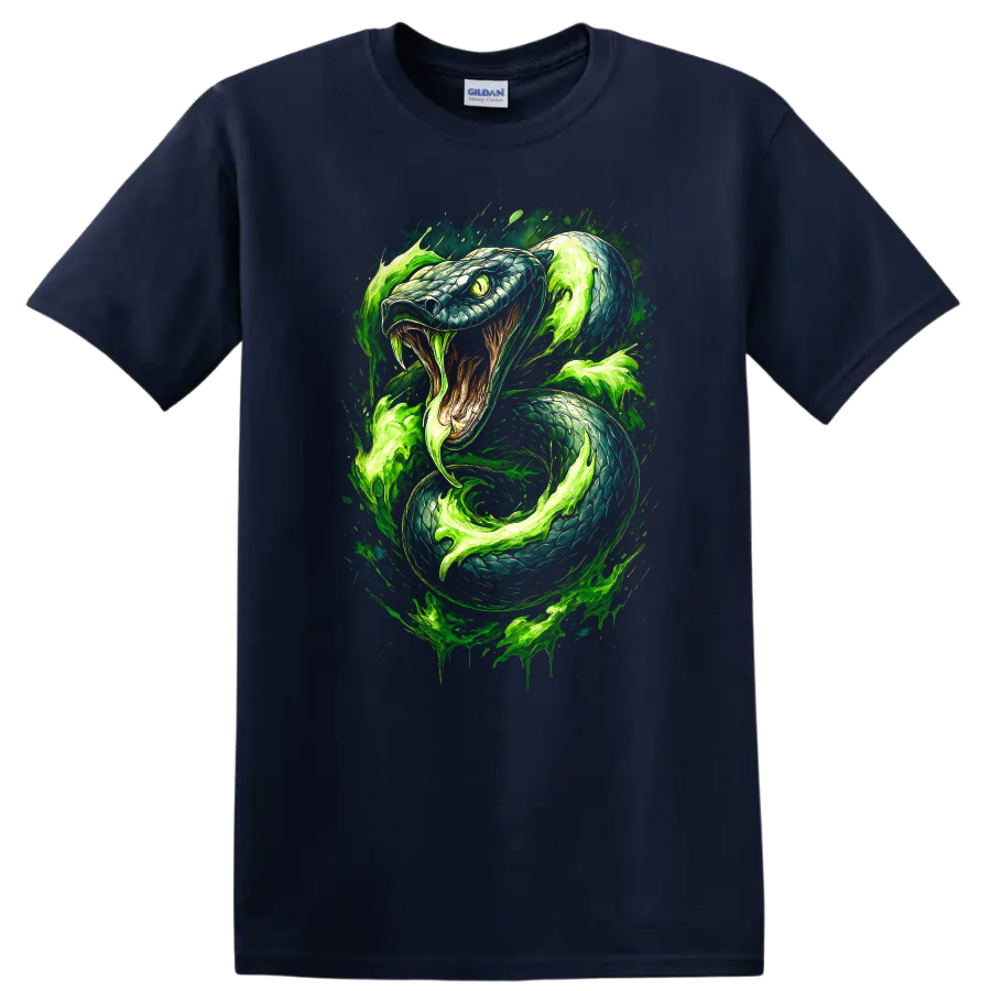 Japanese Style Neon Green Snake Art T Shirt for Bold Streetwear - Navy (Blue)