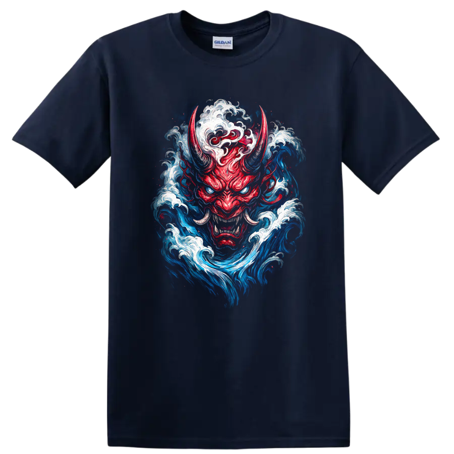 Japanese Oni Demon Mask Wave Art T Shirt For Streetwear Fans - Navy (Blue)