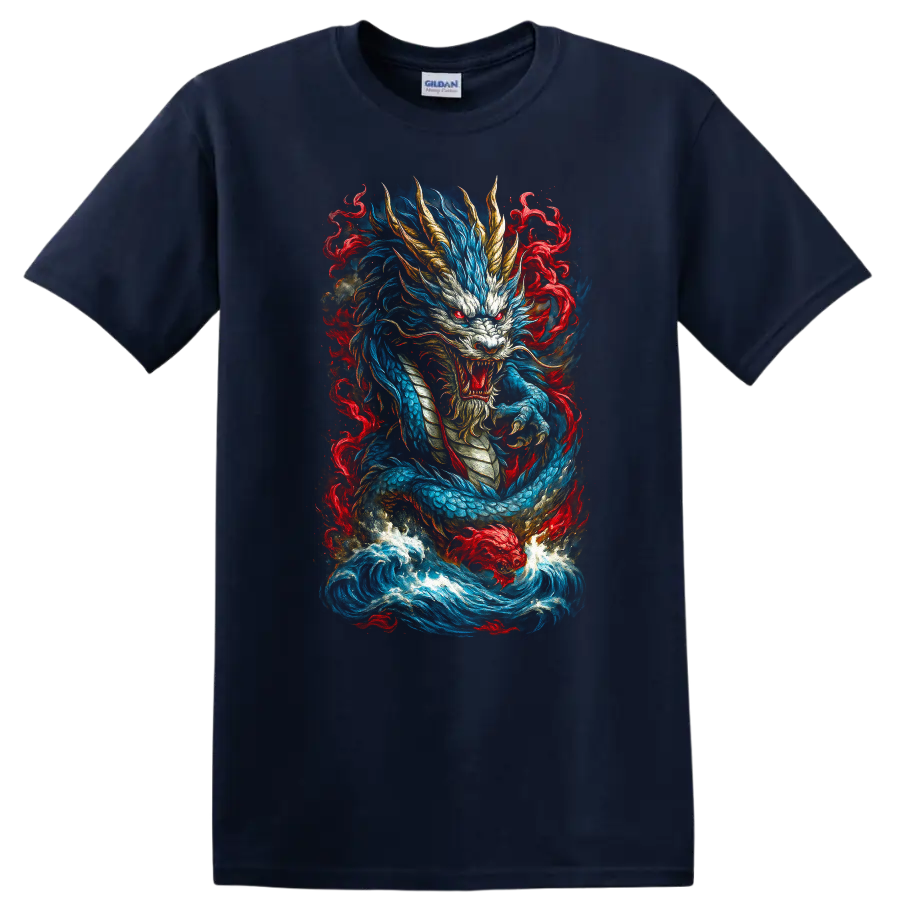 Japanese Dragon Flame Art T Shirt Blue Red Mythical Warrior Design - Navy (Blue)