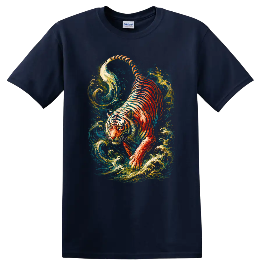 Japanese Style Tiger Art T Shirt Colorful Water Swirl Graphic - Navy (Blue)