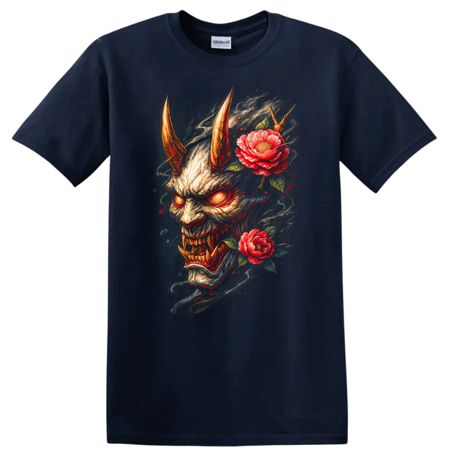 Japanese Oni Demon Mask with Flowers Dark Art T Shirt - Navy (Blue)