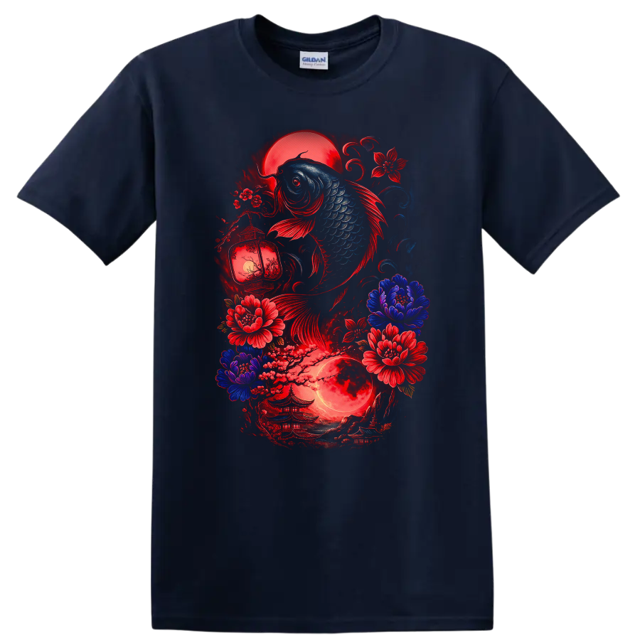 Japanese Koi Fish and Moon Floral Art T Shirt for Zen Aesthetic - Navy (Blue)