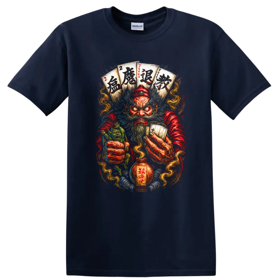Japanese Oni Joker Card Art T Shirt for Dark Fantasy Streetwear - Navy (Blue)
