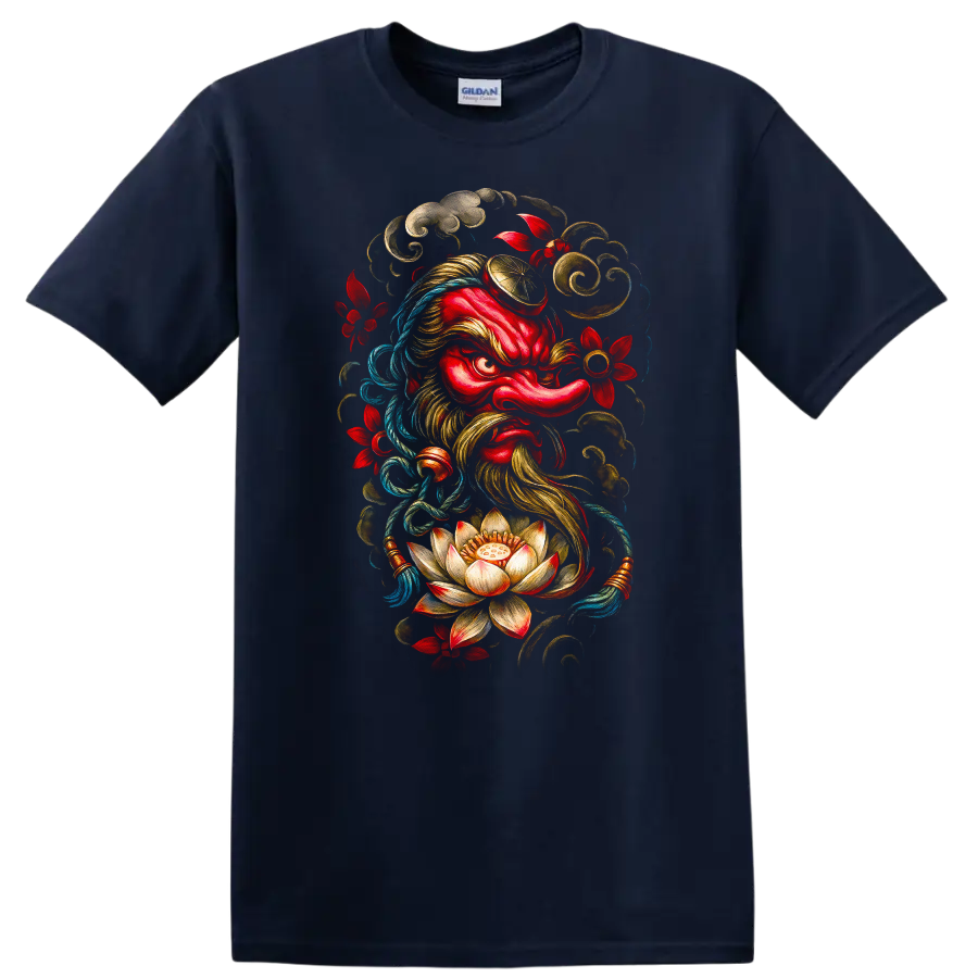 Japanese Oni Samurai Mask Lotus Floral Art T Shirt - Navy (Blue)