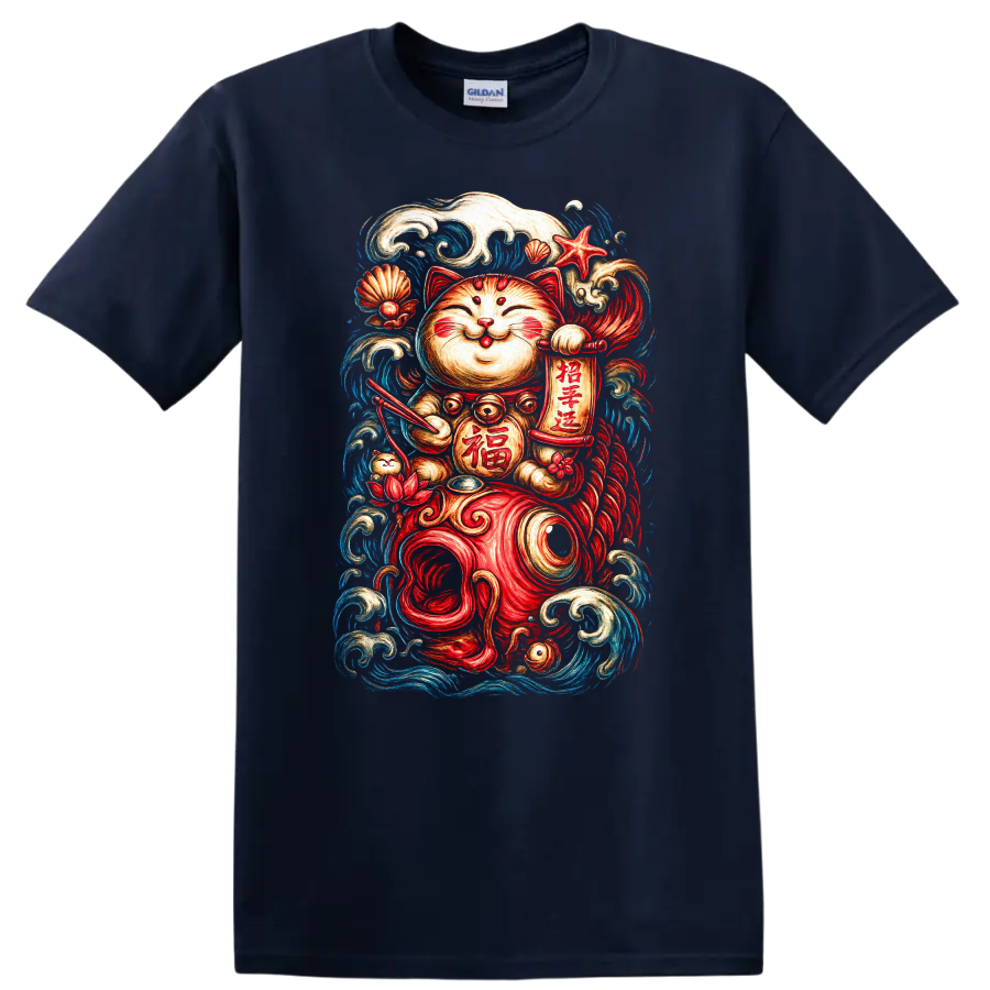 Japanese Lucky Cat Koi Waves Maneki Neko T Shirt - Navy (Blue)