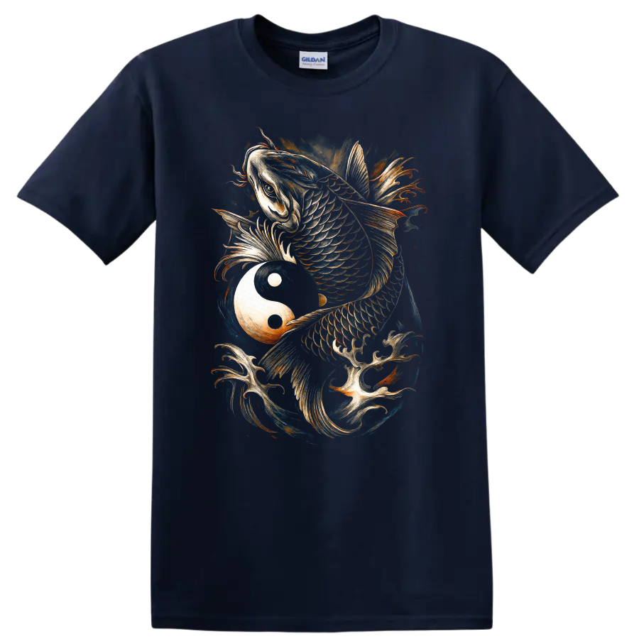 Japanese Koi Fish Yin Yang Art T Shirt for Zen Streetwear - Navy (Blue)