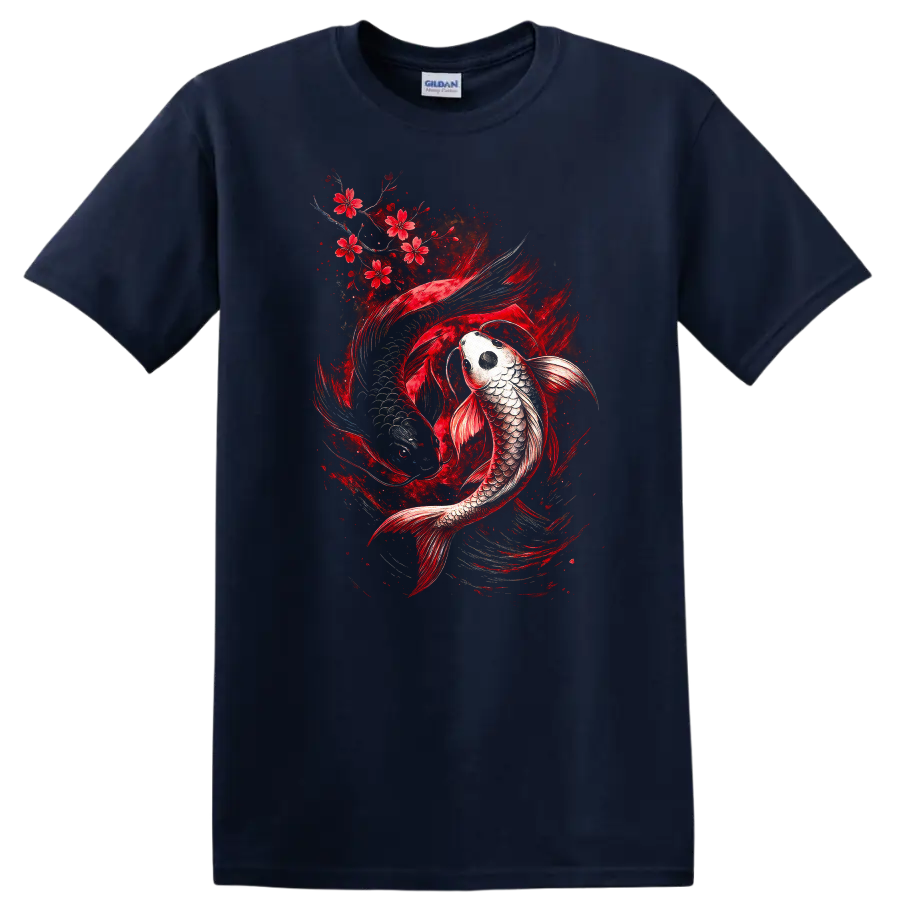 Japanese Koi Fish Red Cherry Blossom Art T Shirt for Men and Women - Navy (Blue)