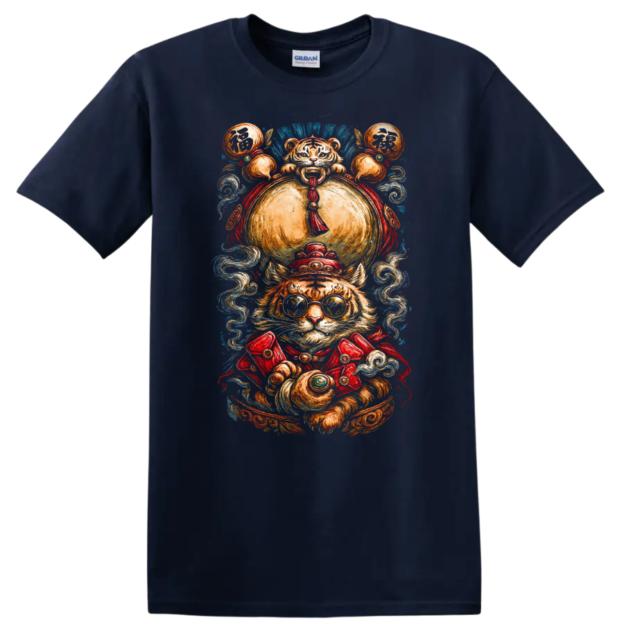 Japanese Style Lucky Tiger T Shirt with Ornate Fox Fire Festival Art - Navy (Blue)