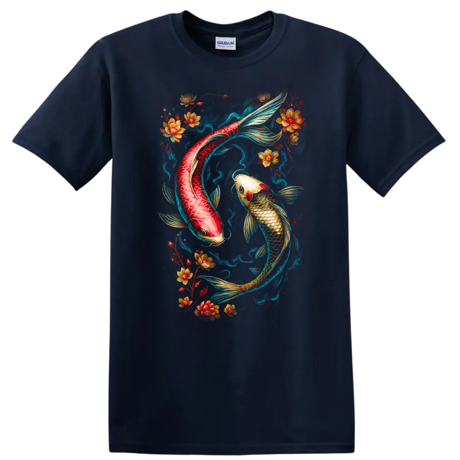 Japanese Style Koi Fish Floral Art T Shirt Vibrant Asian Tattoo Design - Navy (Blue)