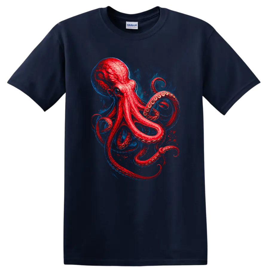Japanese Style Red Octopus Sea Creature Art T Shirt on a Navy (Blue) T Shirt