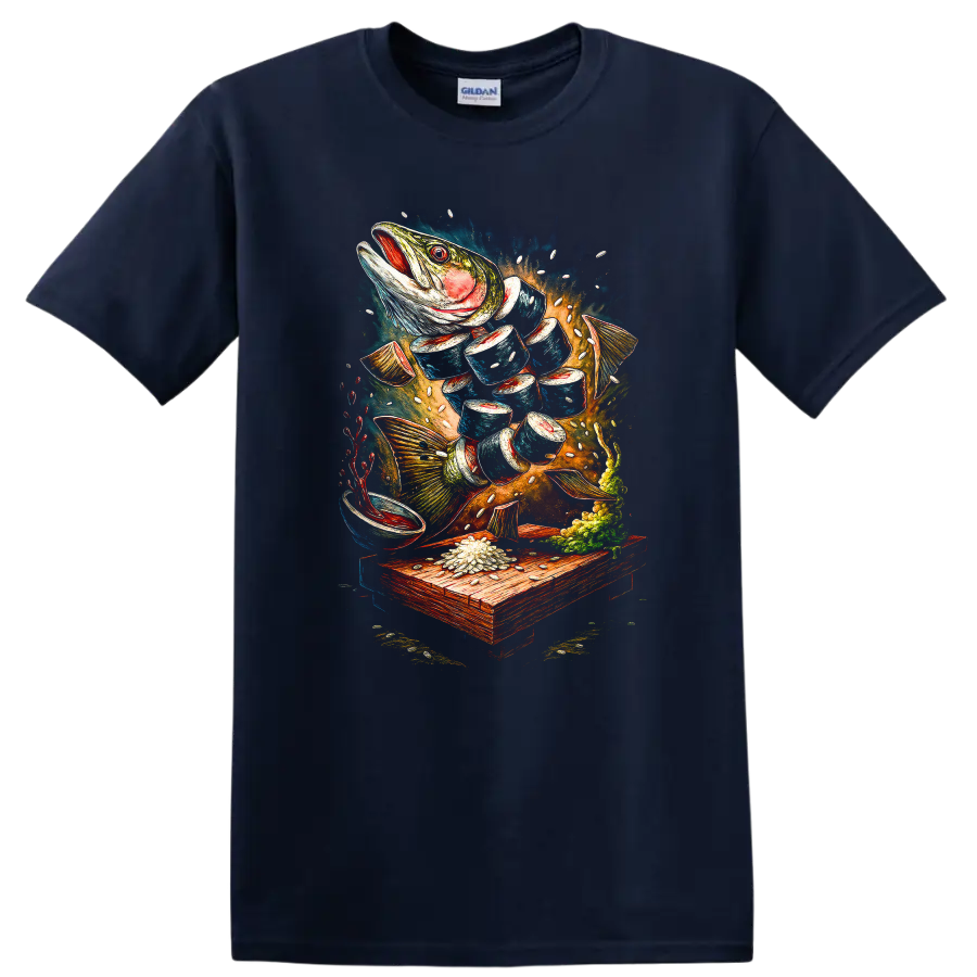 Japanese Style Fish Art T Shirt Vibrant Underwater Catch Design - Navy (Blue)