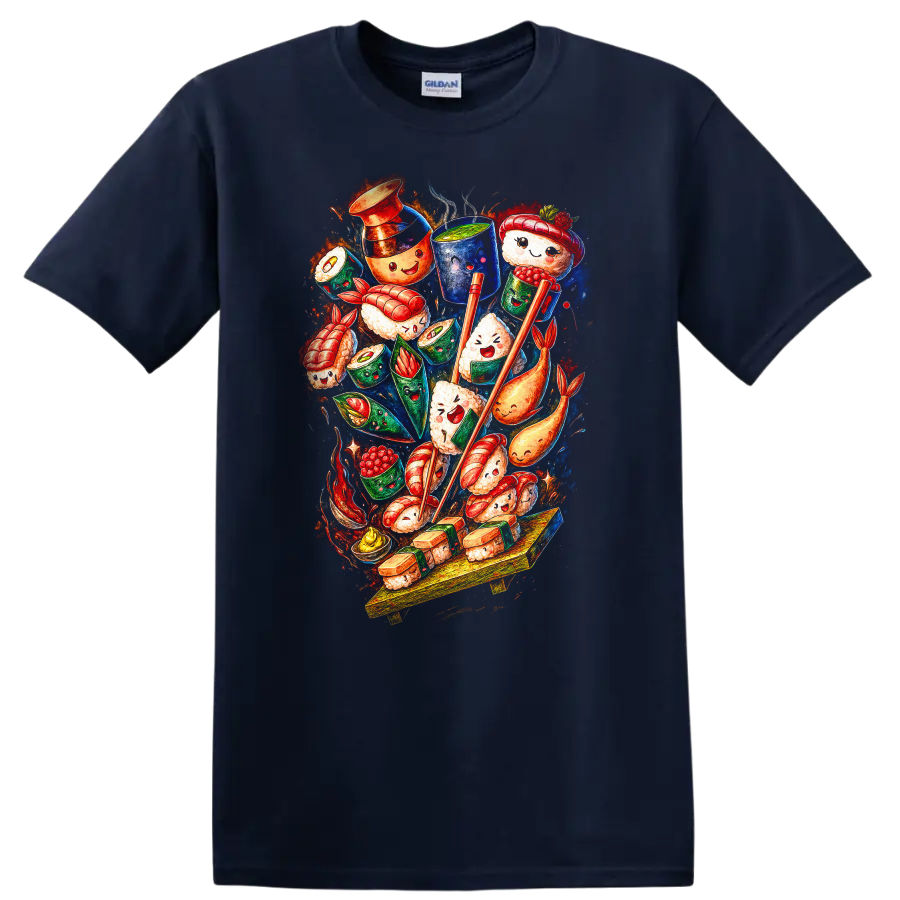 Japanese Style Sushi Art Kawaii Food Illustration T Shirt - Navy (Blue)