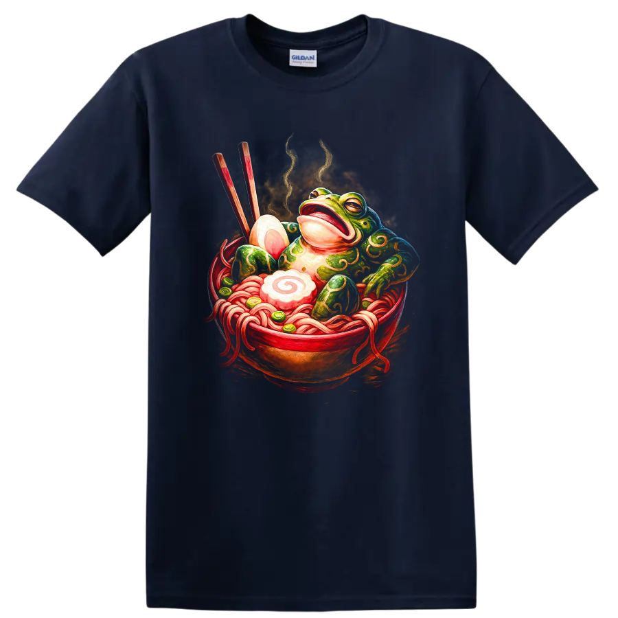Japanese Style Frog Ramen Bowl Art T Shirt - Navy (Blue)