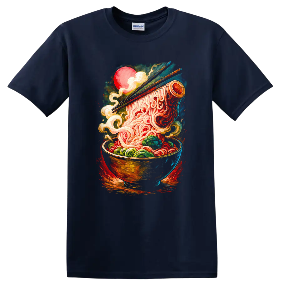 Japanese Ramen Bowl Art T Shirt Vibrant Noodle Chopsticks Design - Navy (Blue)