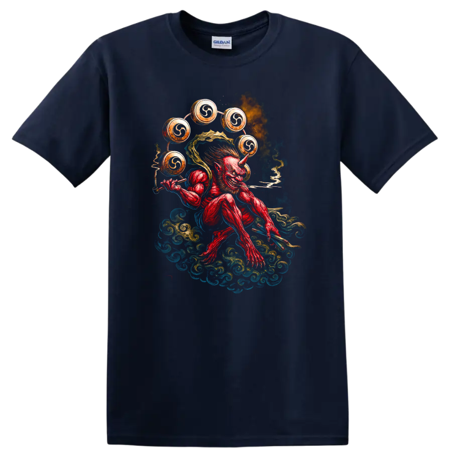 Japanese Oni Demon Drummer T Shirt Watercolor Samurai Style - Navy (Blue)
