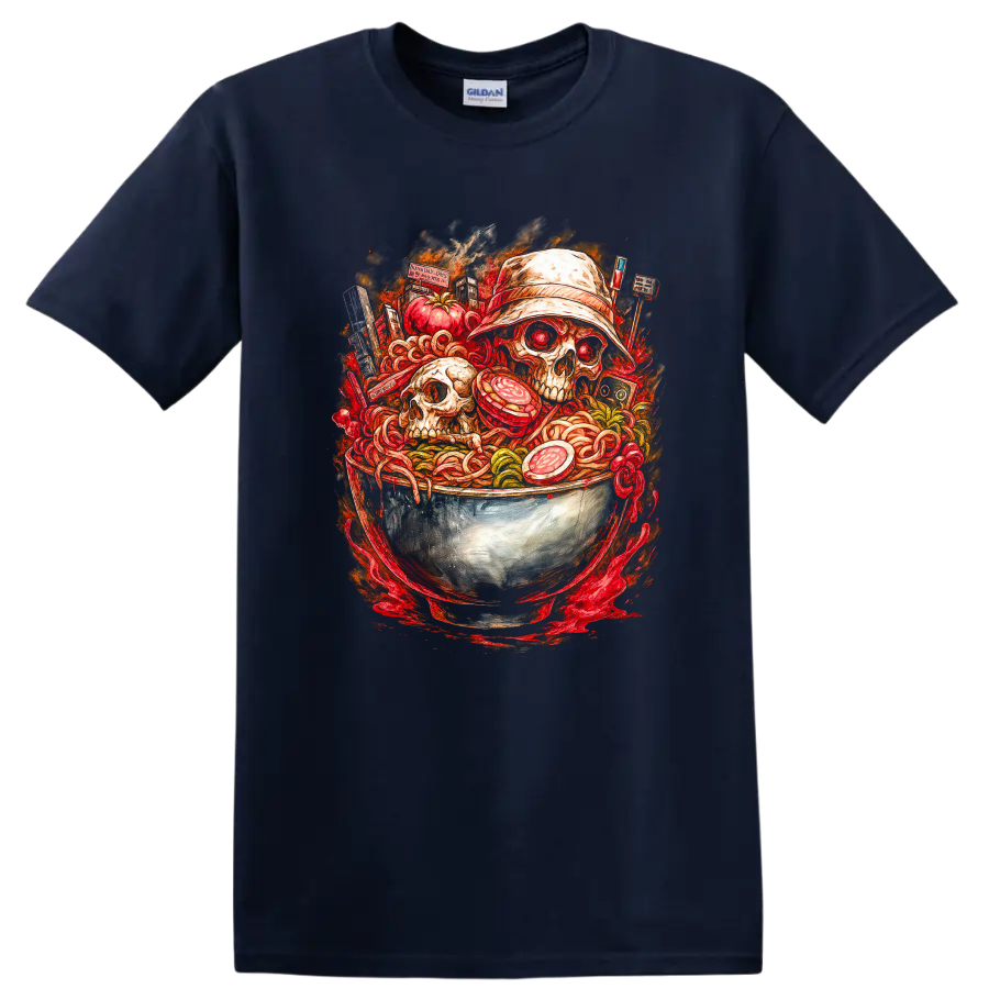 Japanese Style Skull Ramen Bowl Art T Shirt for Streetwear Fans - Navy (Blue)