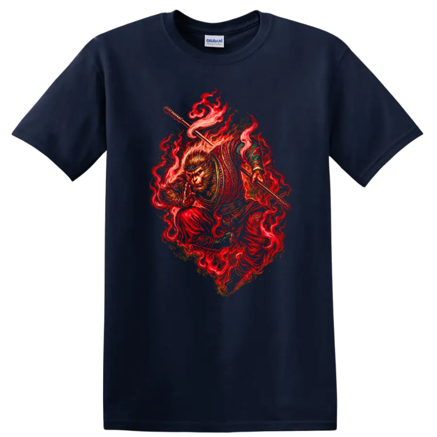 Fiery Monkey Warrior Japanese Style Graphic T Shirt for Martial Arts Fans - Navy (Blue)