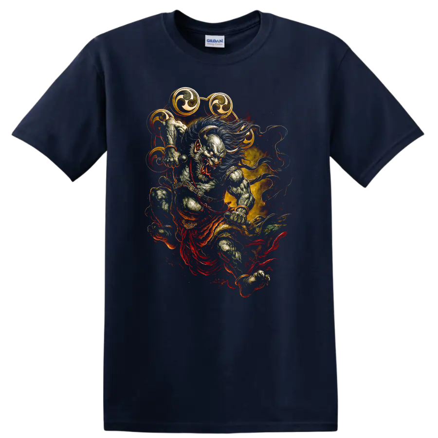 Japanese Style Oni Warrior T Shirt Dramatic Fire Art Graphic - Navy (Blue)