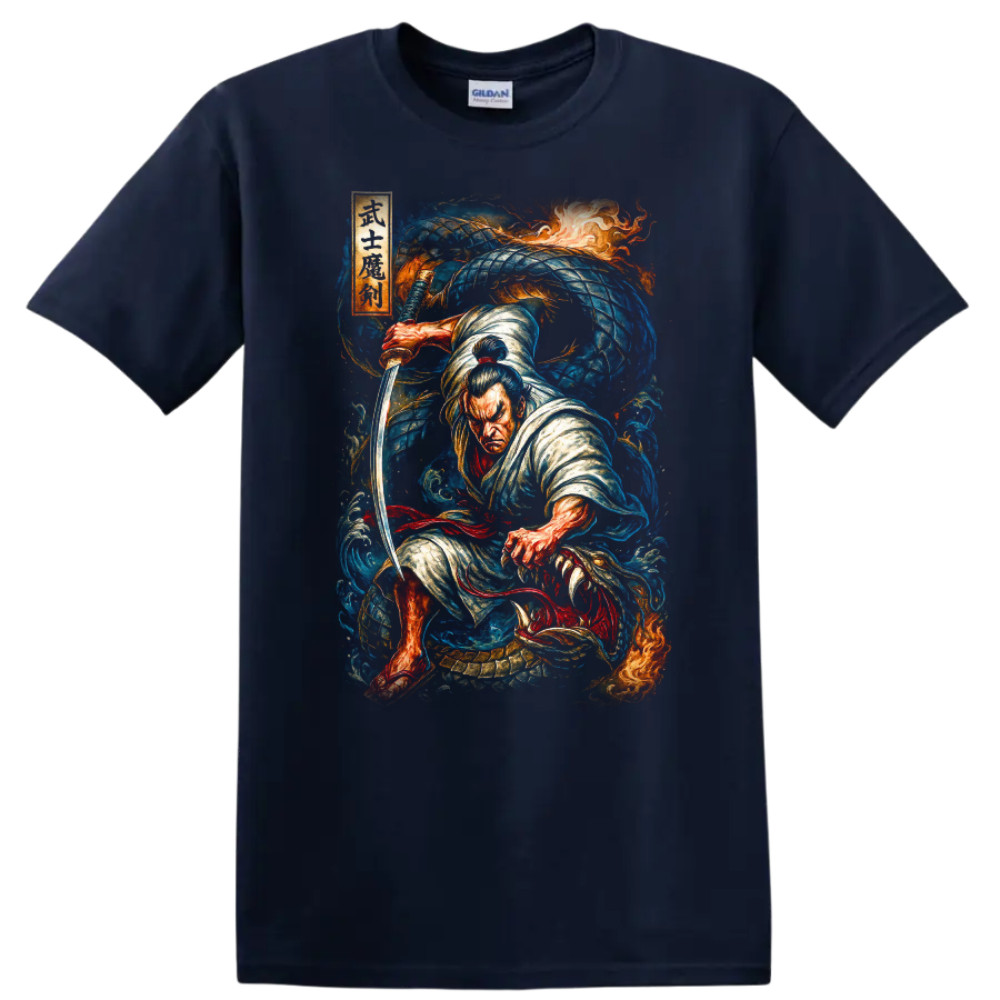 Japanese Samurai Dragon Warrior T Shirt Fierce Katana Art - Navy (Blue)