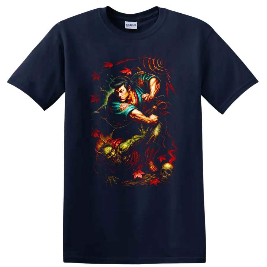 Japanese Samurai Warrior Dragon T Shirt Bold Vintage Anime Style - Navy (Blue)