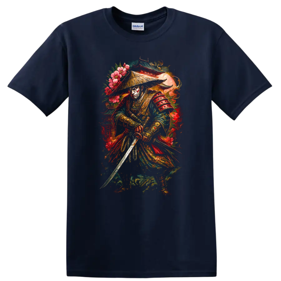 Japanese Samurai Warrior T Shirt with Floral Armor and Katana - Navy (Blue)