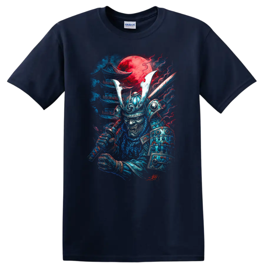 Japanese Samurai Oni Warrior T Shirt with Red Moon Samurai Art - Navy (Blue)