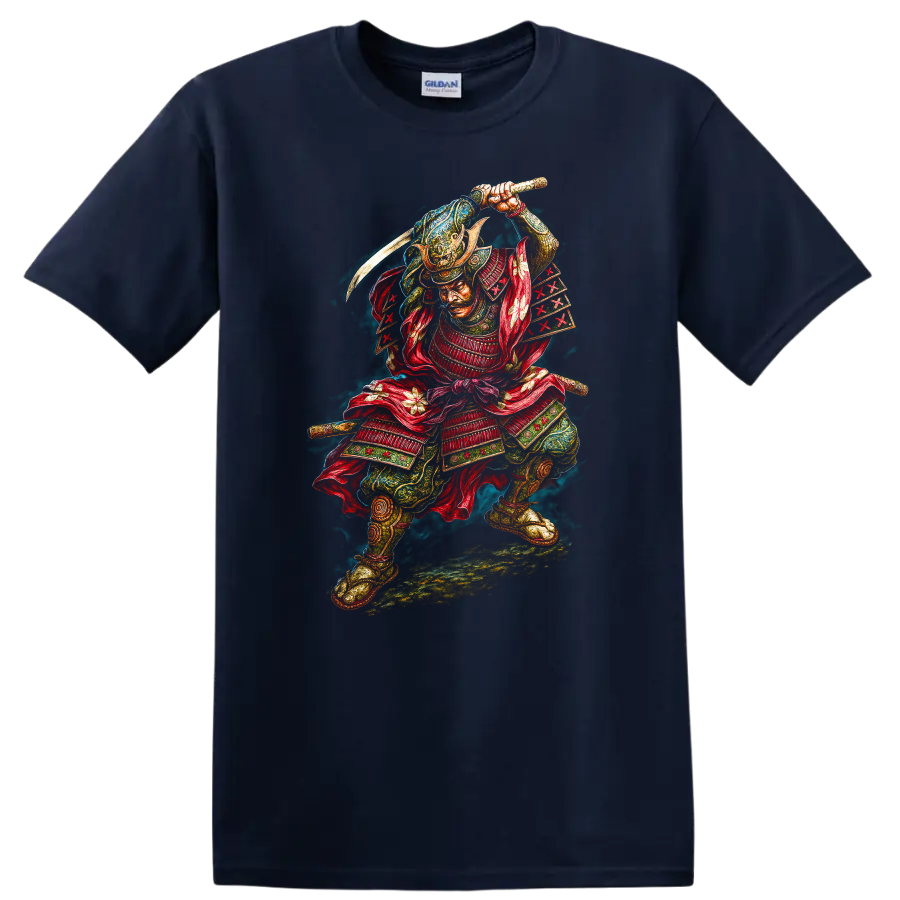 Japanese Samurai Warrior T Shirt Fierce Samurai Sword Art - Navy (Blue)