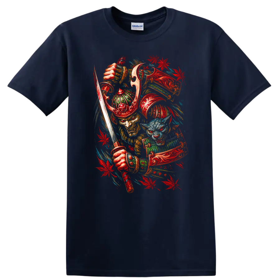 Japanese Samurai Mask T Shirt Red Dragon Warrior Graphic Tee - Navy (Blue)