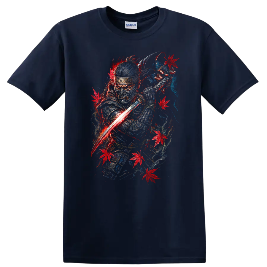 Japanese Samurai Warrior T Shirt Red Blue Maple Leaf Katana Art - Navy (Blue)
