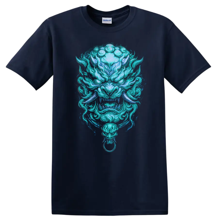 Japanese Oni Mask Dragon Spirit T Shirt for Anime and Streetwear - Navy (Blue)