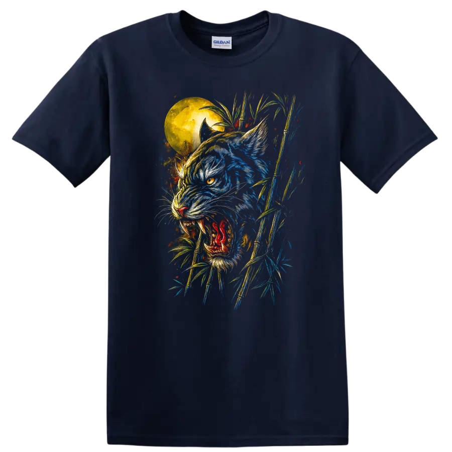 Japanese Style Blue Tiger Moon Bamboo T Shirt for Bold Streetwear - Navy (Blue)