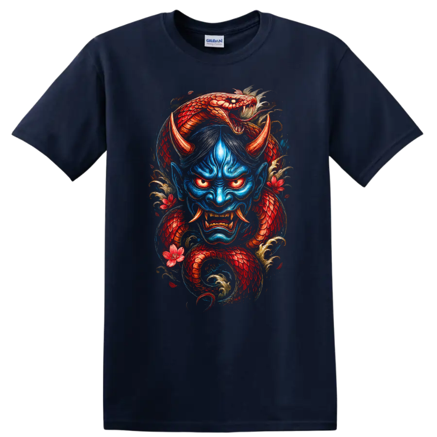 Japanese Demon Dragon Mask Art T Shirt Vintage Samurai Style - Navy (Blue)