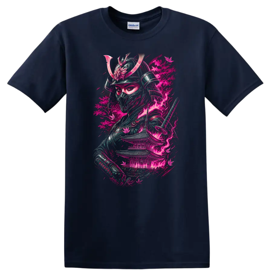 Japanese Samurai Warrior Neon Pink Graphic T Shirt for Bold Streetwear - Navy (Blue)